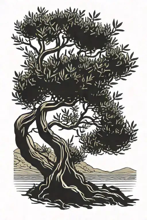 Outside forearm tattoo of an olive tree with minimal fill on the branches.  tattoo design idea