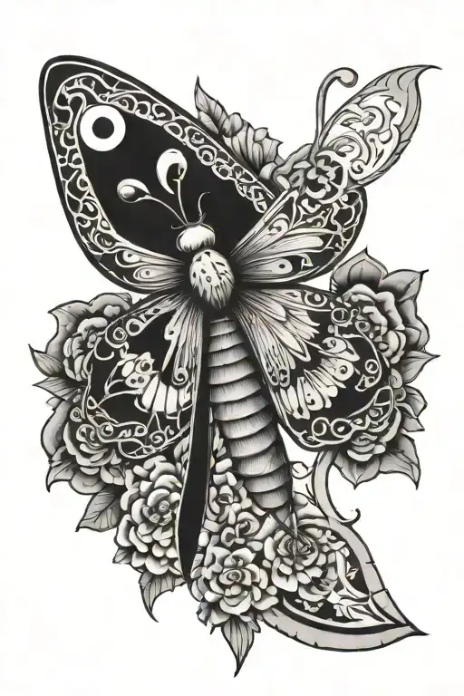 death moth, butterly, dagger, mandala pattern incorporating elements tattoo design idea