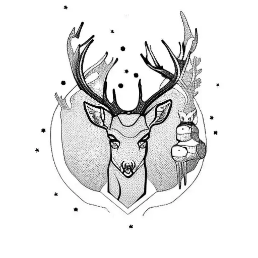 A sketch-style tattoo of a deer surrounded by eerie forest creatures tattoo design idea