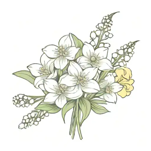 daisy, lily of the valley, and daffodil bouquet tied tattoo design idea