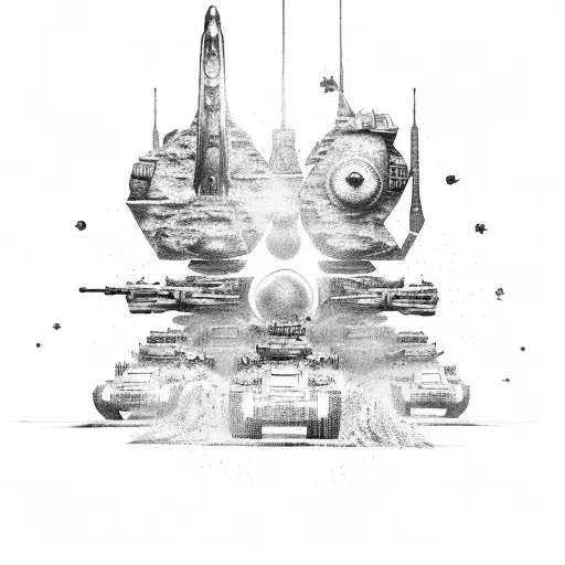 An alien invasion scene with military tanks and soldiers fighting against extraterrestrial forces, inspired by the client's love for military and aliens tattoo design idea