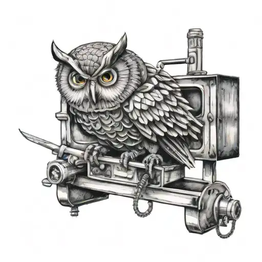 A mechanical owl perched on a toolbox surrounded by electrical tools tattoo design idea