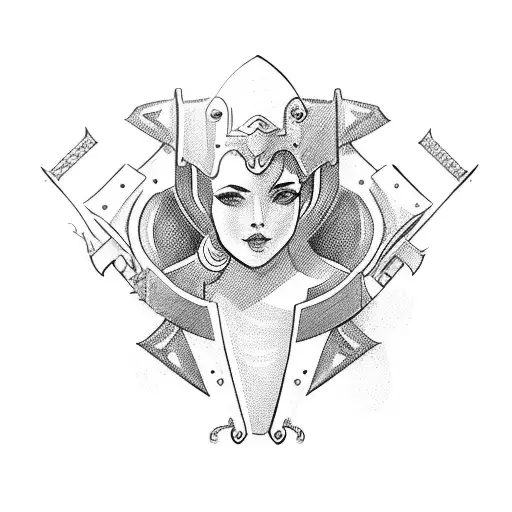 woman wearing man armour looking up side profile short hair with sword tattoo design idea