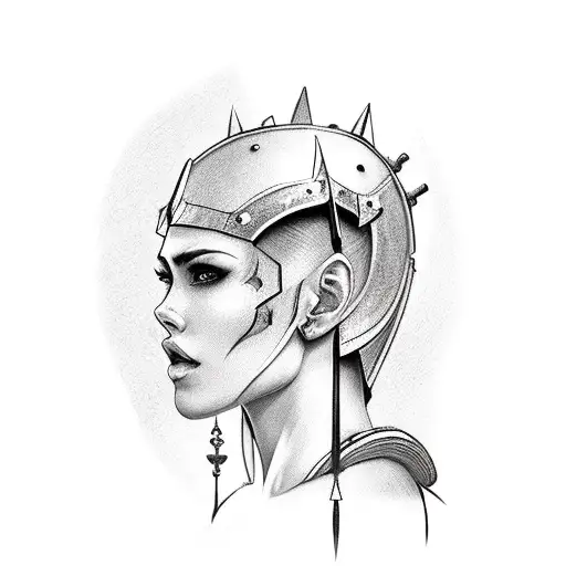 woman wearing man armour looking up side profile short hair with sword tattoo design idea