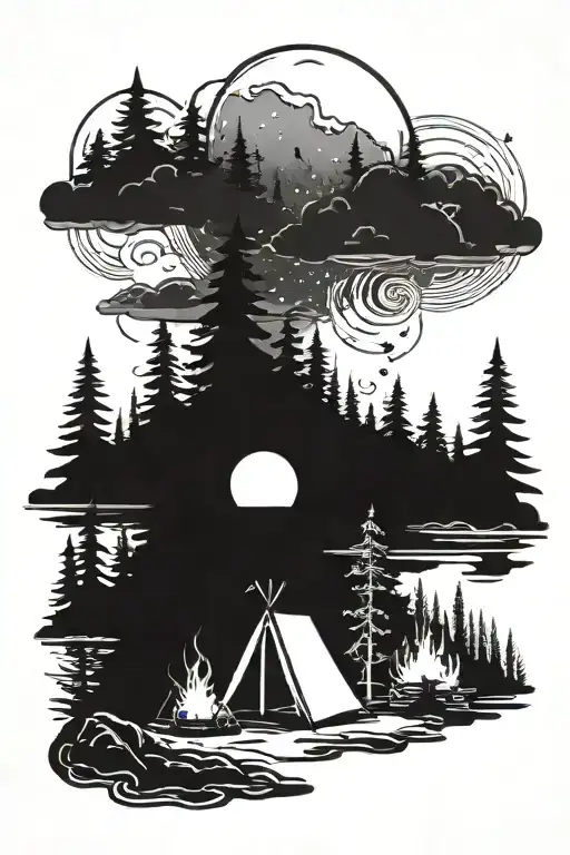 black silhuettes of camping scene with glowing fire and northern lights in sky tattoo design idea
