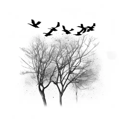 flock of crows flying on a dead trees tattoo design idea