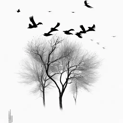 flock of crows flying on a dead trees tattoo design idea