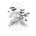 flock of crows flying on a dead trees tattoo design idea