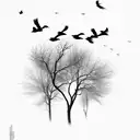 flock of crows flying on a dead trees tattoo design idea
