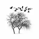 flock of crows flying on a dead trees tattoo design idea