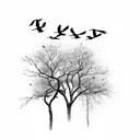 flock of crows flying on a dead trees tattoo design idea