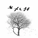 flock of crows flying on a dead trees tattoo design idea