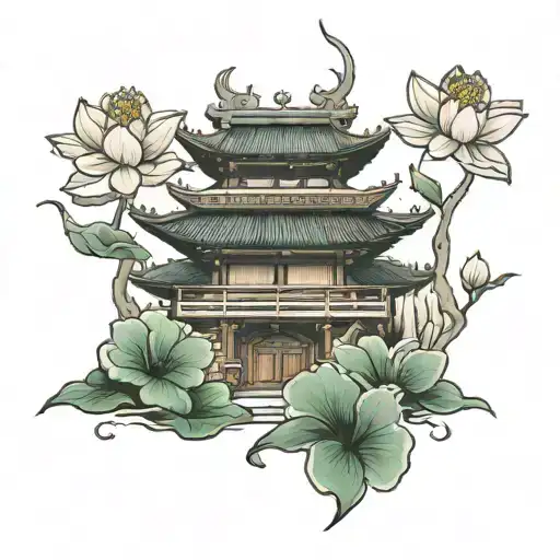 japanese temple with lotus flowers  tattoo design idea
