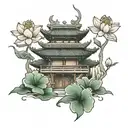 japanese temple with lotus flowers  tattoo design idea