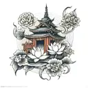 japanese temple with lotus flowers  tattoo design idea