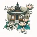 japanese temple with lotus flowers  tattoo design idea