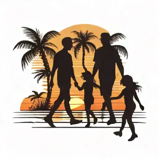 dad and two daughters walking on the beach in the sunset with palm trees tattoo design idea