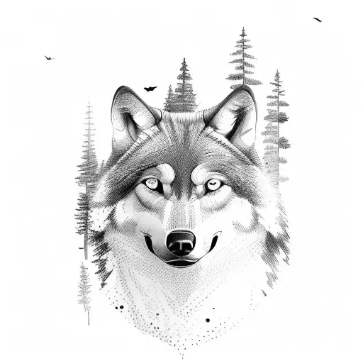 Redwood Forest with wolf and black birds tattoo design idea