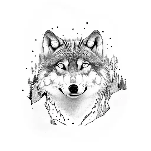 Redwood Forest with small. wolf and black birds tattoo design idea