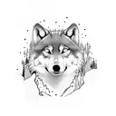 Redwood Forest with small. wolf and black birds tattoo design idea