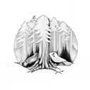Redwood Forest with small. wolf and black birds tattoo design idea