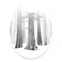 Redwood Forest with small. wolf and black birds tattoo design idea