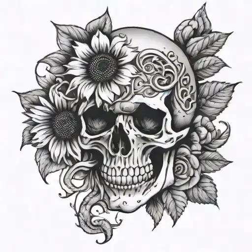 Black and grey skull with snake comming out of one eye sunflower on top and geranium tattoo design idea