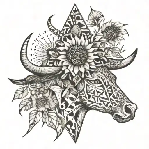 A geometric pattern incorporating elements of longhorn cows, sunflowers, windmills, and Akubra hat tattoo design idea