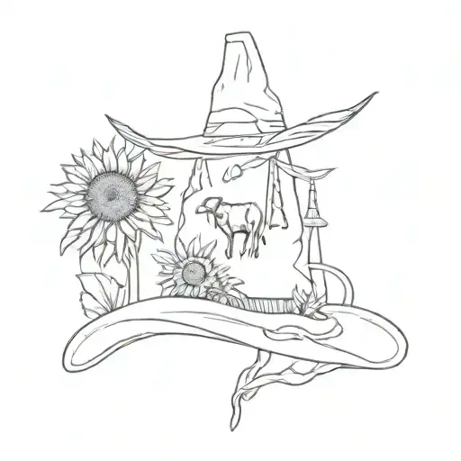 A minimalist design featuring silhouettes of longhorn cows, sunflowers, windmills, and an Akubra hat tattoo design idea