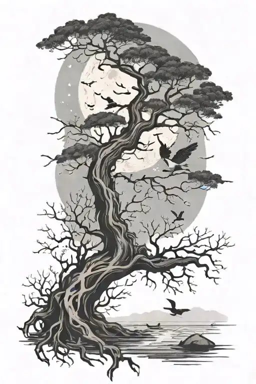 leafless tree with roots and flying ducks flying to the moon, fore arm sleeve tattoo design idea