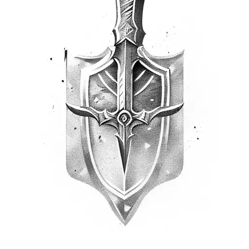 vertical badass sword ,going through shield with cross on it tattoo design idea