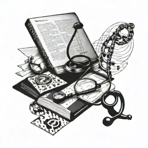 BLACK AND GREY table with papers on the table of genetic symbols DNA double helix stethoscope and medical books tattoo design idea