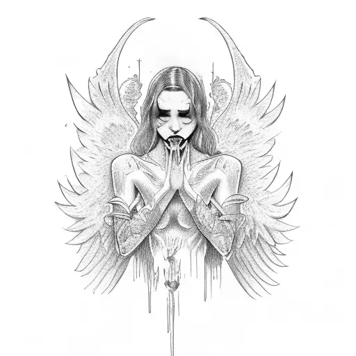fallen angel crying on alter tattoo design idea