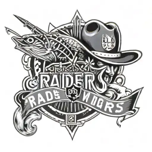 A Las Vegas Raiders logo incorporated into a music-themed sleeve tattoo, with elements of fishing tattoo design idea