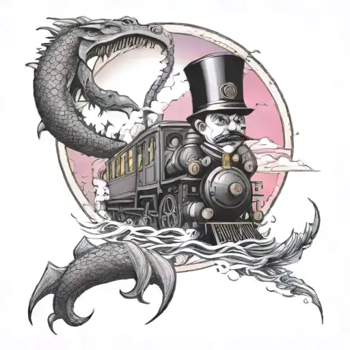 A Warhammer inspired tattoo of a train conductor battling a sea monster, with a Pink Floyd prism in the background tattoo design idea