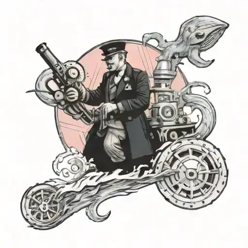 A Warhammer 40k inspired tattoo of a train conductor battling a sea monster, with a Pink Floyd prism in the background tattoo design idea