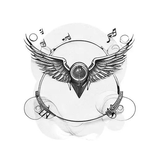 A motorcycle with wings, surrounded by musical notes tattoo design idea
