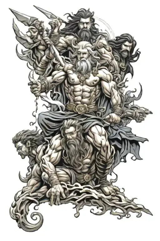 Zeus, thor, chaac, seth, indra, and raijin working together casting one big lightning bolt tattoo design idea