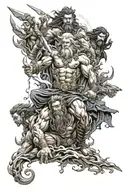 Zeus, thor, chaac, seth, indra, and raijin working together casting one big lightning bolt tattoo design idea