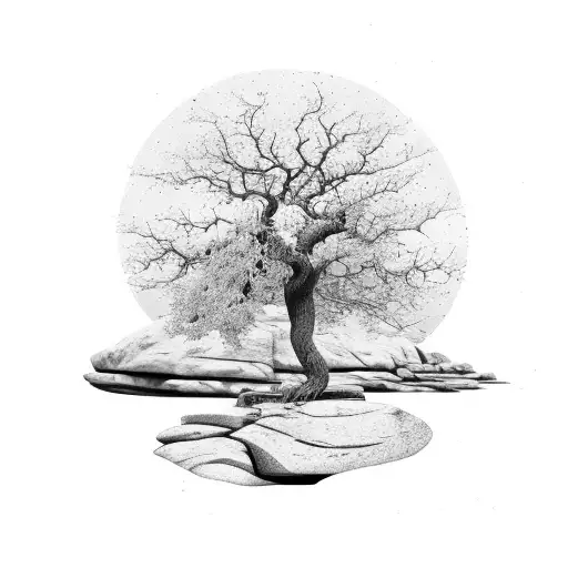 A blackwork design of a tree growing amidst rocky terrain, symbolizing perseverance in life tattoo design idea