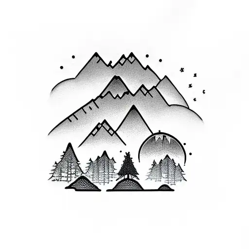 mountains with silhouettes of trees growing from a rock in a diamond shaped window tattoo design idea