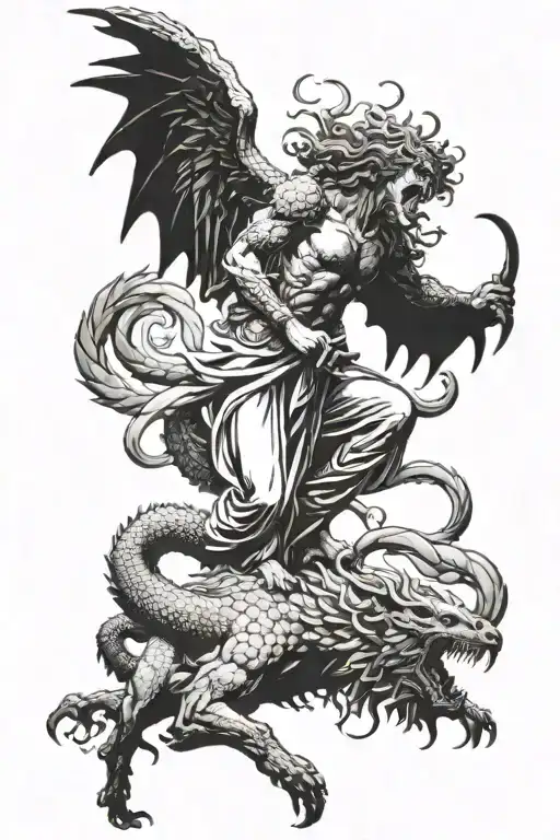 Gustave Doré style angel fighting dragon tattoo design idea