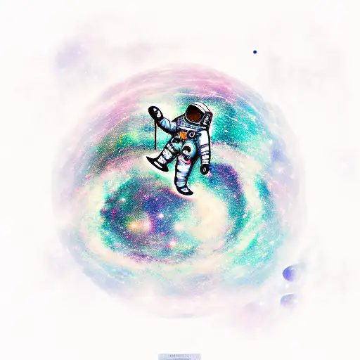 An astronaut playing a guitar on the moon with a backdrop of galaxies and nebulas tattoo design idea