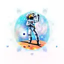 An astronaut playing a guitar on the moon with a backdrop of galaxies and nebulas tattoo design idea