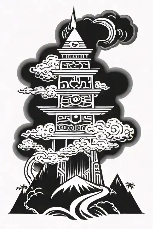 Hawaiian themed incorporating tiki pole, volcano explosion tattoo design idea