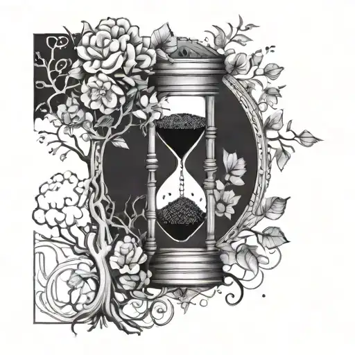 A detailed blackwork tattoo of an hourglass filled with brain and tree, symbolising positive mind and growth  tattoo design idea
