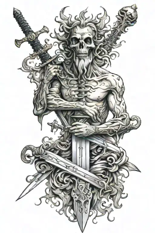 sword god relax we all die tattoo design idea
