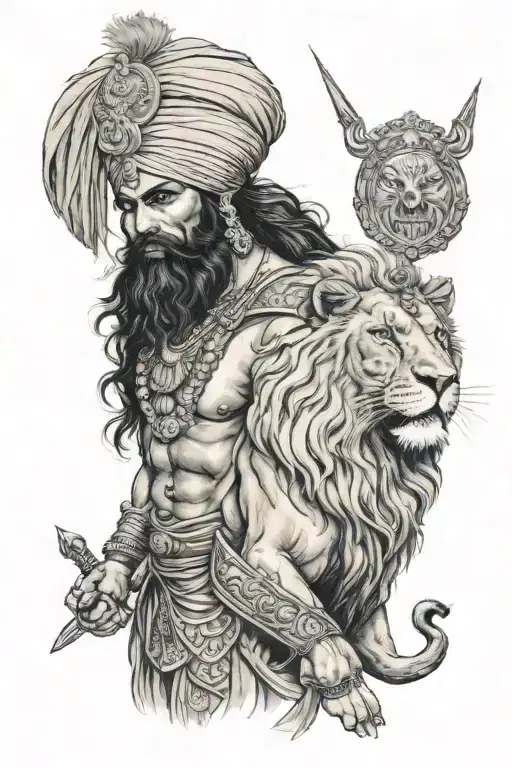 Sikh warrior and lion tattoo design idea