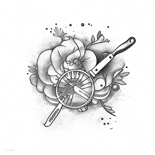 A tattoo design of a baking whisk and spatula crossed over each other, with a background of cleaning supplies and floral accents tattoo design idea