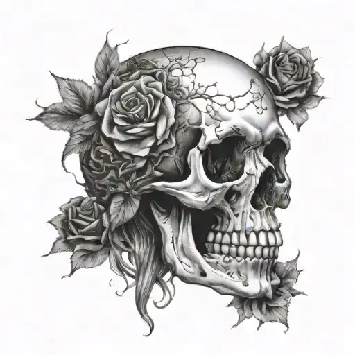 Incorporate a girl friend's portrait into a skull design, with intricate dotwork details, inspired by death metal music tattoo design idea